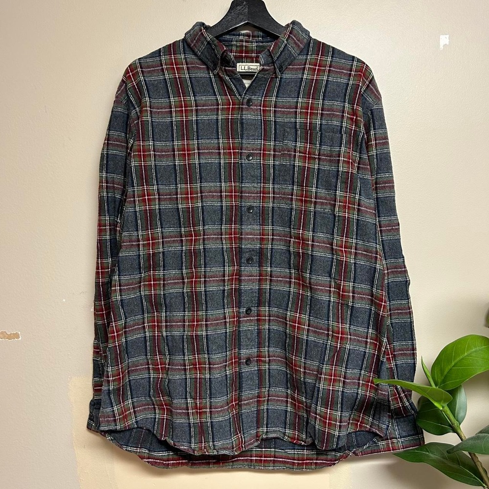 LL Bean Vintage 00s Grey Red Plaid Flannel Button Up Shirt Mens Large 298167